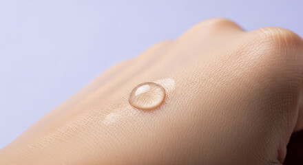 Macro Shot Of Hand With Clear Serum Droplet On Skin Pastel Lavender Background High Detail Beauty Lighting