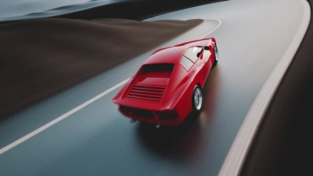 3d animation of a running red car driving smoothly on curved modern highway road, dynamic motion automotive scene showing sleek vehicle design, high speed movement, cinematic transport concept backgro
