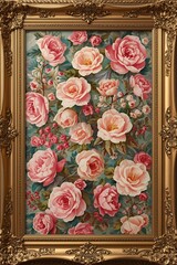 Ornate Gold Frame with Vintage Pink Roses and Teal Floral Painting