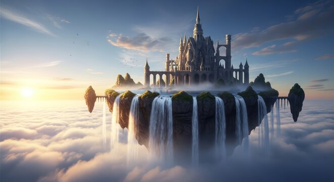 Ethereal floating island with grand architecture amid clouds and cascading waterfalls at sunrise