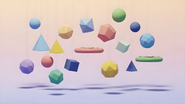 Delightful pastel geometric shapes suspended in air perfect for modern design projects or eye-catching backgrounds with a playful and trendy aesthetic