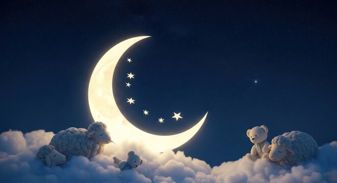 Dreamy celestial scene with moon, stars, clouds, sheep, and teddy bears evokes bedtime calmness