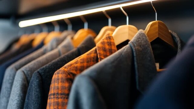 Row of business jackets and formal apparel on hangers in a modern closet display
