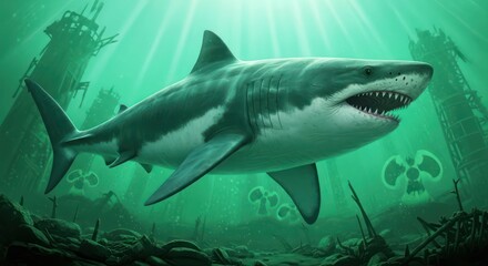 Obraz premium Underwater realm of a great white shark amid sunken structures and ambient light rays