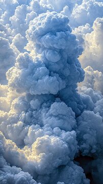 A massive, dark grey volcanic ash cloud erupts and billows upwards, surrounded by lighter, fluffy clouds against a bright sky. The scene is dramatic and powerfu
