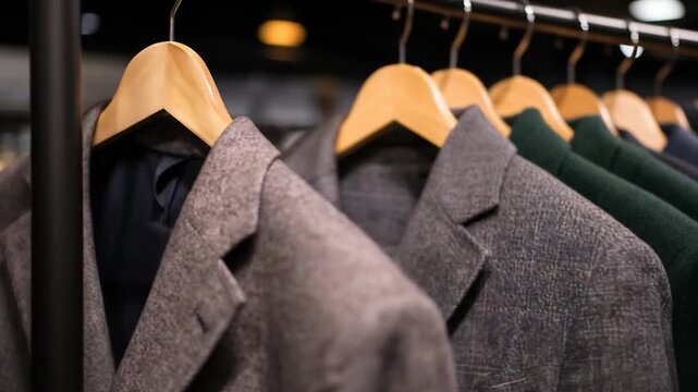 Row of business jackets on hangers displaying menswear collection in boutique retail store or wardrobe for selection and shopping