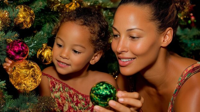 A mother and her young daughter share a delightful moment as they decorate their Christmas tree with colorful ornaments. Laughter fills the room, capturing the warmth of their holiday spirit