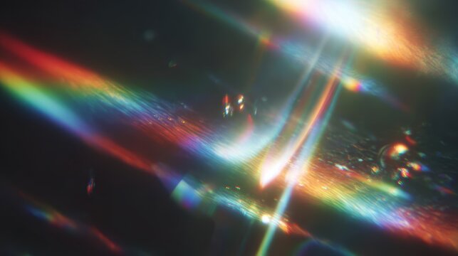 Iridescent light flares dance in an abstract play, illuminating the dark backdrop with spectral color. - Powered by Adobe