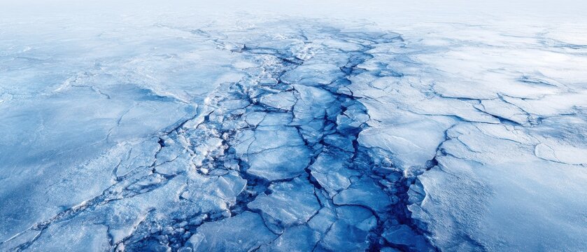 Cracked blue ice surface with white fog in distance frozen winter