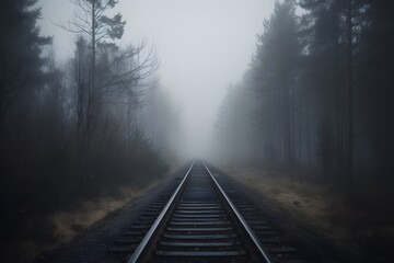 Fog enveloped forest railway tracks disappearing into misty horizon under muted minimal tones for mysterious landscape scene foggy morning in the forest