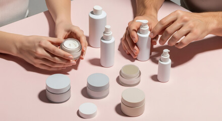 Hands Interacting With Plain Skincare Products On A Pastel Colored Background