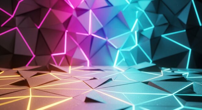 A dark geometric low-poly wall and floor are illuminated by neon pink, cyan, and orange light tracing the polygonal edges.