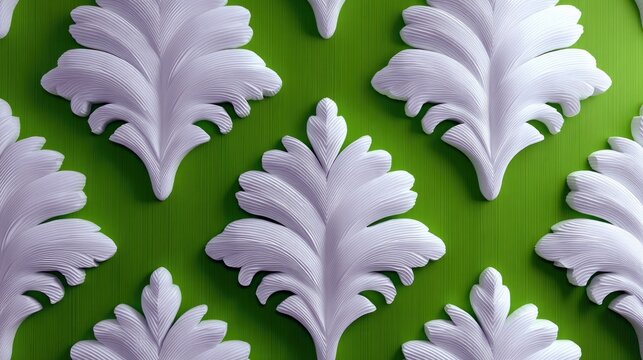 A repeating pattern of white acanthus leaf ornaments against a vibrant green textured background. The lighting creates subtle shadows, highlighting the relief d