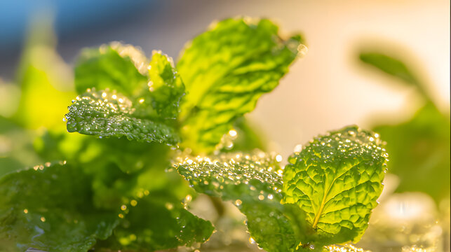 shallow. Fresh mint leaves with dewdrops in morning light, shallow depth botanical study. gardening catalogs, home-decor guides, designed for gardening and botanical catalogs, used by brand managers.