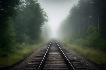 Moody railway tracks vanishing into foggy forest horizon under soft muted light with mysterious woodland atmosphere and depth foggy morning in the forest