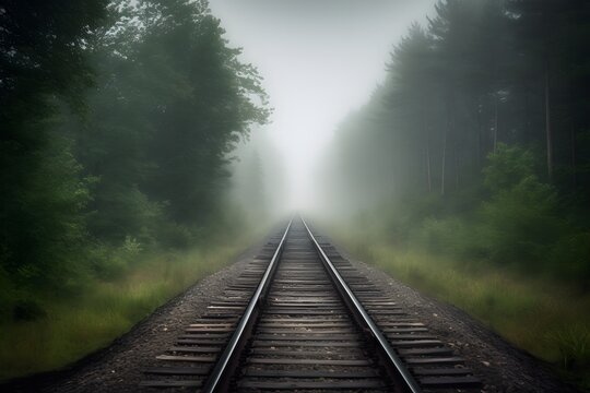Moody railway tracks vanishing into foggy forest horizon under soft muted light with mysterious woodland atmosphere and depth foggy morning in the forest