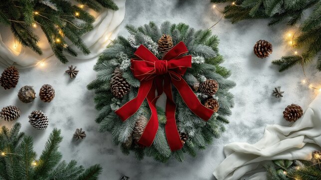 Beautiful Christmas holiday wreath with red bow pine cones and lights on festive winter background