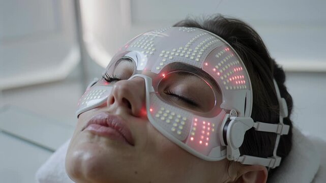 Woman receiving facial led light therapy treatment at beauty salon for skin rejuvenation and anti aging cosmetic procedure