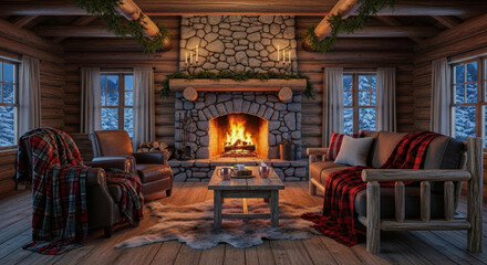 Naklejka premium Cozy log cabin interior with warm fireplace and plaid blankets on rustic furniture, winter landscape view through windows