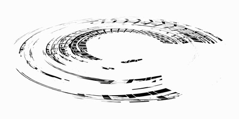 Tire tread marks, wheel textures, tire marks - car racing, motocross, drift, rally, off-road and others. Vector black isolated texture in grunge style with splashes.eps10