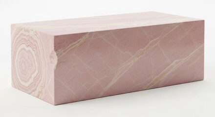 A rectangular block of rosy-pink stone or wood with subtle veining and a tree-ring pattern visible on the end grain rests on a white background.