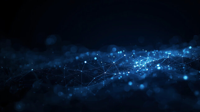 Abstract blue technology background with connecting dots and lines represents data flow connectivity