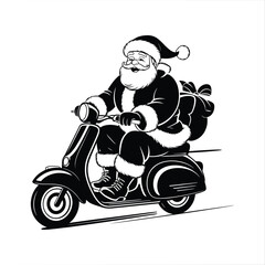 Santa riding a scooter delivering Christmas gifts in festive silhouette vector illustration, Ideal for holiday cards, festive branding, winter merchandise, cheerful seasonal illustrations
