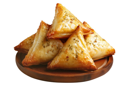 Briouat triangular fruit filled pastries, phyllo pastries filled with meat or almonds isolated on white transparent background, concept of Arabic sweet baked desserts - Powered by Adobe