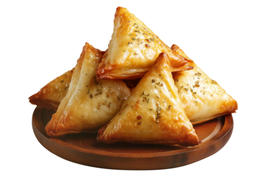 Briouat triangular fruit filled pastries, phyllo pastries filled with meat or almonds isolated on white transparent background, concept of Arabic sweet baked desserts