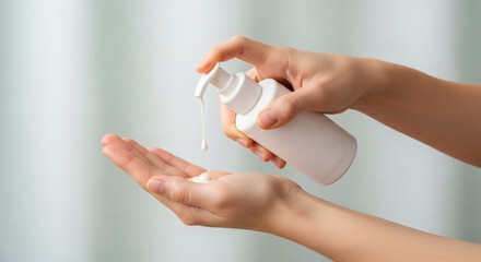 Hand Pressing Pump Bottle To Dispense Lotion Product and Hands Framed Mid-Shot