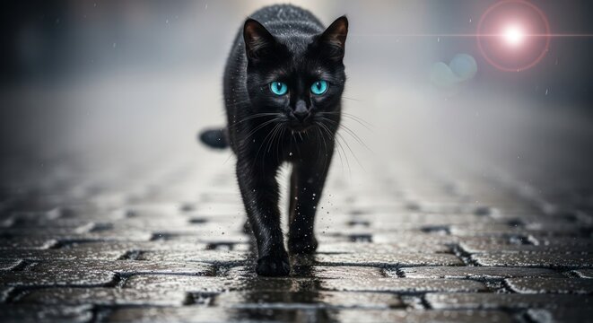 Mesmerizing teal-eyed black cat strides confidently on wet cobblestone street