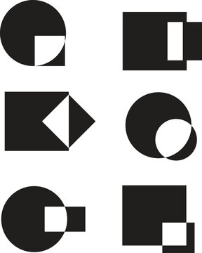 Six abstract black and white geometric shapes demonstrating positive and negative space, featuring circles, squares, and triangles.