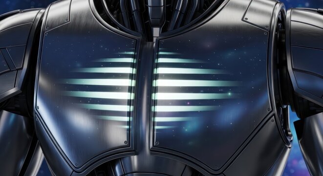 Futuristic metallic cyborg torso with glowing horizontal light bars design