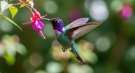 Fototapeta premium Costa's hummingbird feeding nectar from fuchsia flower displaying vibrant colors wings spread