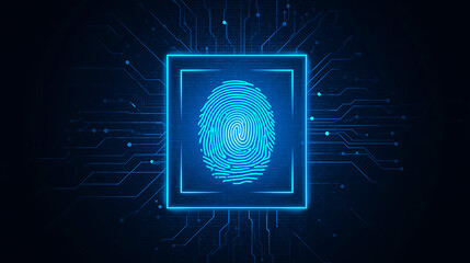 Biometric security system concept with glowing fingerprint and futuristic circuit board illustration