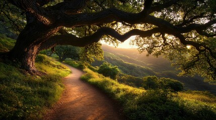 A scenic dirt path winds through rolling hills covered in green grass and trees, illuminated by the warm glow of sunset filtering through the branches of a larg