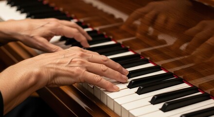 Hands playing vintage piano creating soothing music with an elegant reflection, skill and artistry