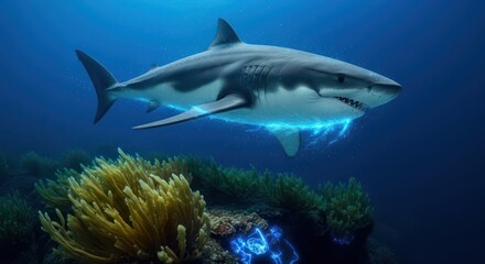 Majestic great white shark with ethereal bioluminescence swimming over vibrant coral reef