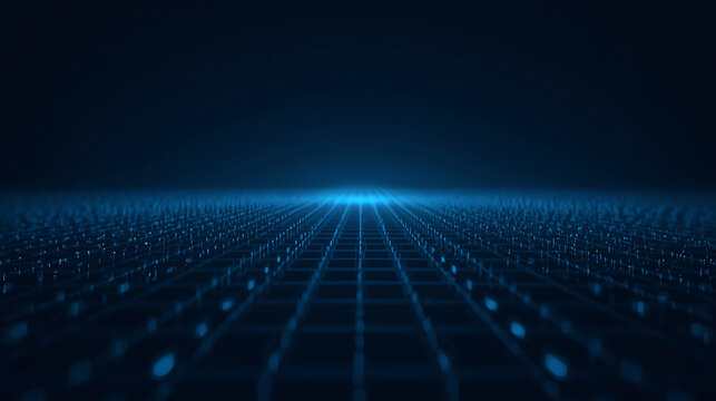 Blue futuristic grid abstract technology background with perspective and glowing light point concept visualization