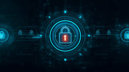 Cybersecurity Technology Abstract Background Featuring a Padlock within a Circular Data Transmission Network