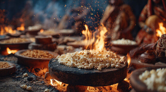 Lohri festival celebration with people singing, dancing and offering sesame, popcorn, sugar molasses and millet into bonfire as gratitude to the Sun for good harvest, copy space