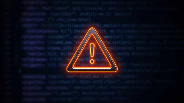 Cybersecurity alert with glowing exclamation mark on code background for online safety and data protection