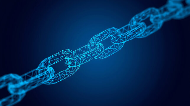 Digital Blockchain Technology Concept with Glowing Chain Links on Blue Background for Data Security