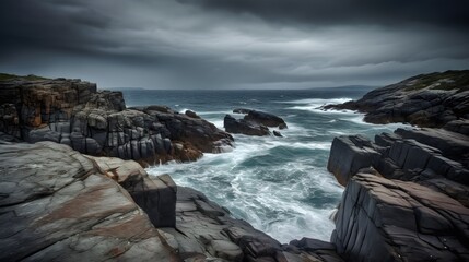 Dramatic rugged cliffs along a rocky coast meeting storm-ready sea under heavy overcast sky capturing wild natural shoreline atmosphere storm over the ocean