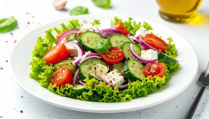 Fresh, delicious and healthy Greek salad with feta cheese, olives and tomatoes on a white plate for a vegetarian meal