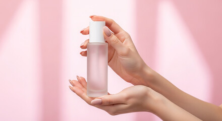 Model Hands Holding an Unbranded Skincare Bottle Pastel pink background