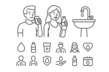 Line icons for hydration tracking, water consumption, and daily health intake