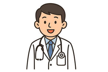 Friendly male medical professional wearing a white coat and stethoscope smiling happily