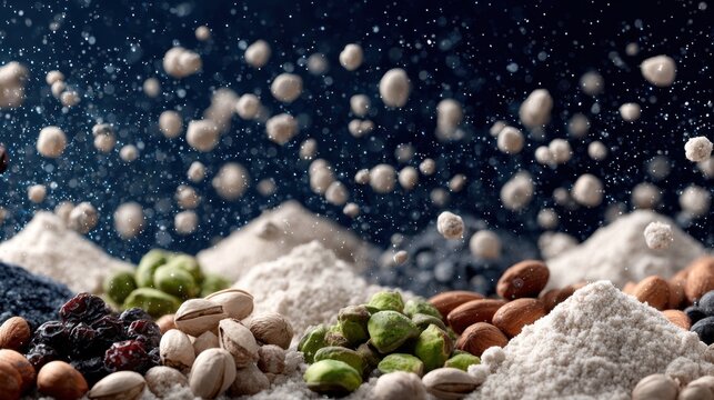 Close-up shot of an array of nuts, dry ingredients, and other dry foods scattered together - Powered by Adobe