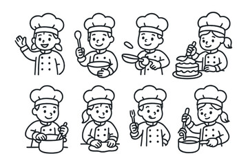 Fototapeta premium Monochrome avatars of happy chefs performing kitchen tasks in uniform and hats